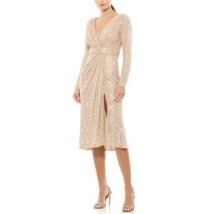 MAC DUGGAL Mid Dress Womens Sequin Long Sleeve V-Neck Faux Wrap Bodice Rose Gold